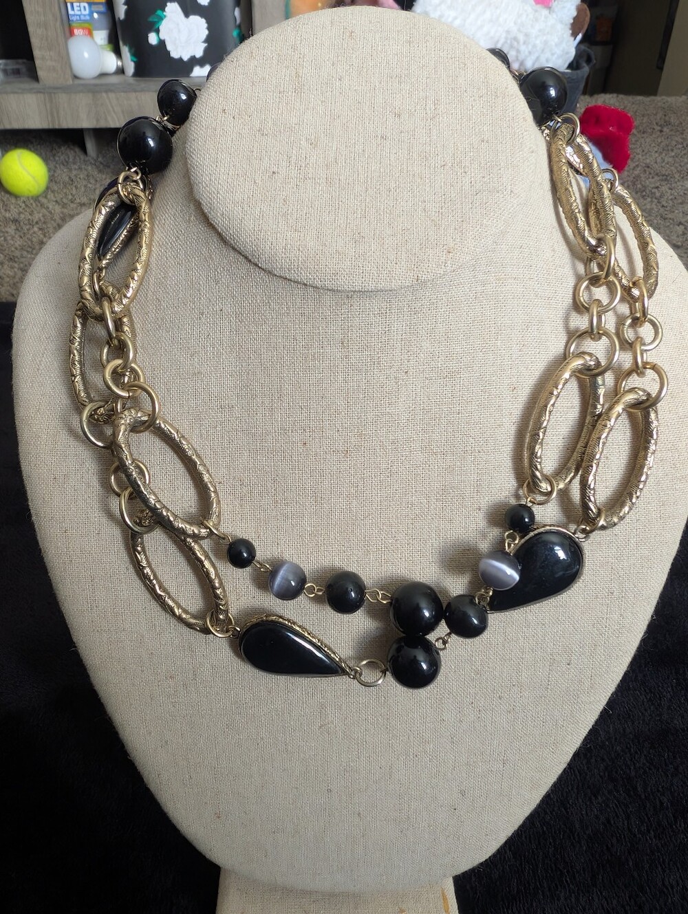 2/$15 Vintage Gold-Tone Necklace with Black Teardrop and Bead Accents